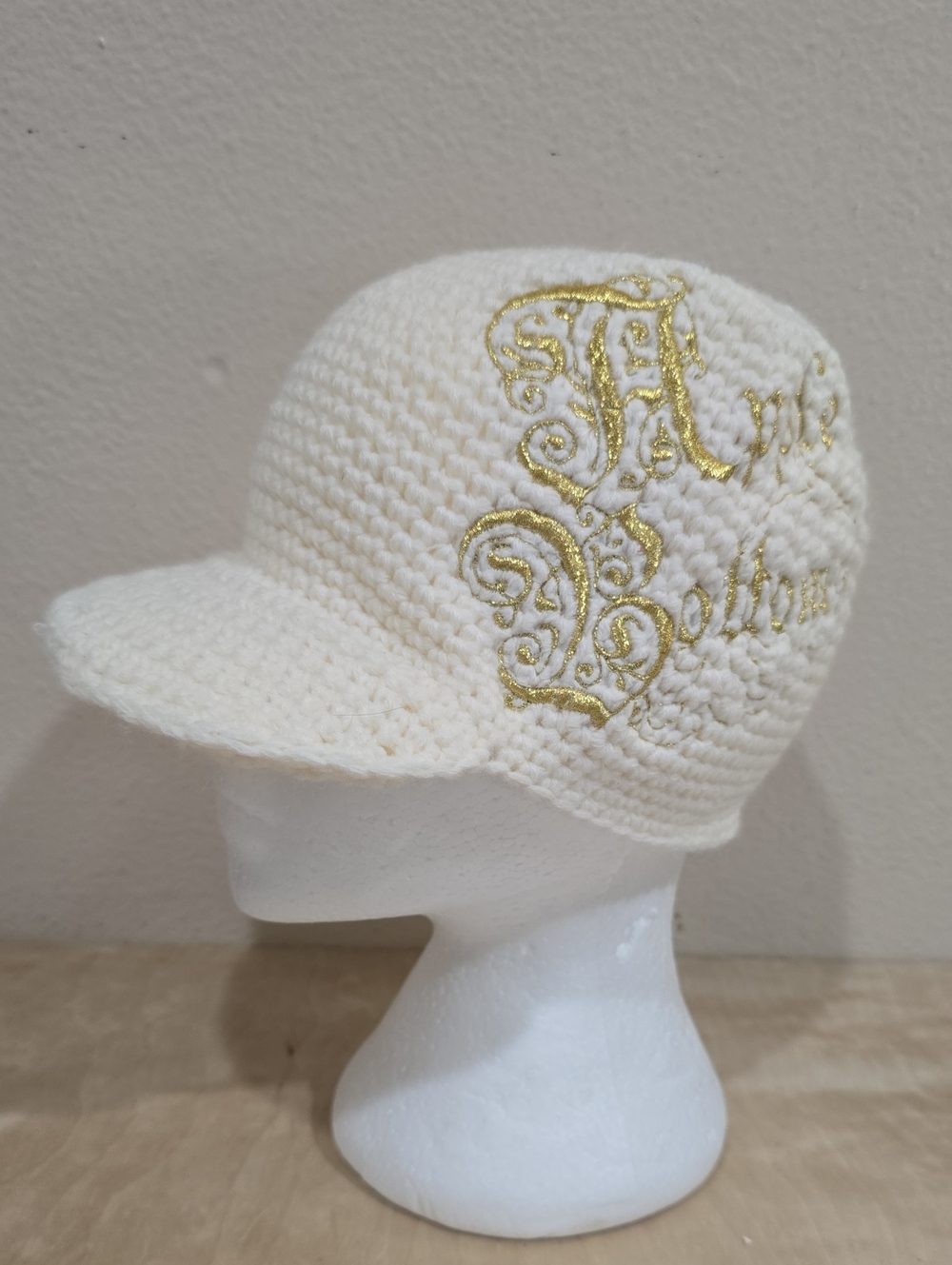 Apple Bottoms Cream Crochet Cap with Gold Embroidered Logo